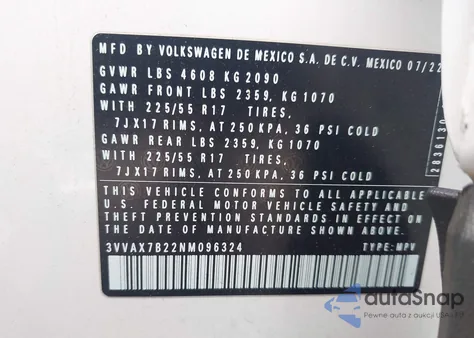 2022 Volkswagen Taos 1.5T S z USA, uszkodzony, nr VIN 3VVAX7B22NM096324